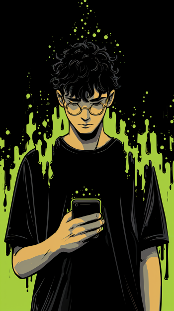 Phone wallpaper of a solitary young person staring at a glowing phone amid a dripping green background, symbolizing phone addiction and mental health strain.