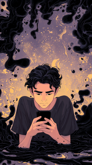 Phone wallpaper of a young person fixated on their phone as dark, ink-like shadows swirl up, symbolizing phone addiction, depression, and a fraught state of mental health.