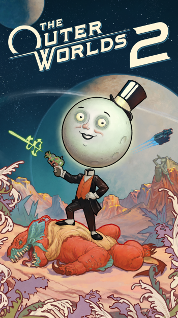 Phone wallpaper for the video game The Outer Worlds 2: a top‑hatted, moon‑faced figure in a tuxedo brandishes a raygun while standing on a fallen red alien amid a colorful alien landscape.
