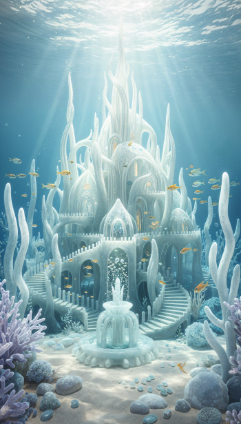 Phone wallpaper: luminous underwater palace with spiraling staircases, coral gardens and golden fish drifting in sunlit blue water.