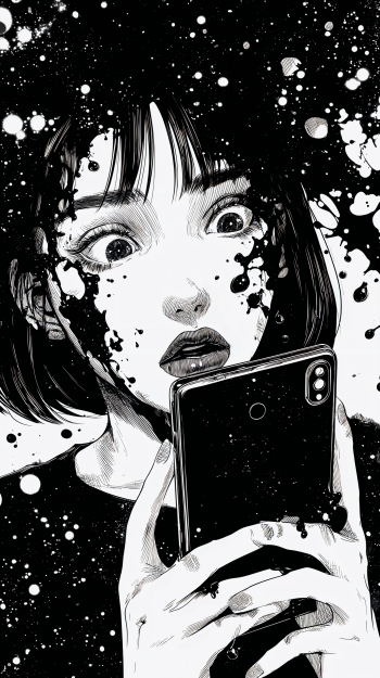 Black-and-white manga wallpaper: a wide-eyed woman staring at her phone while ink-like splatters consume her face — a visual of phone addiction, depression, and eroding mental health.