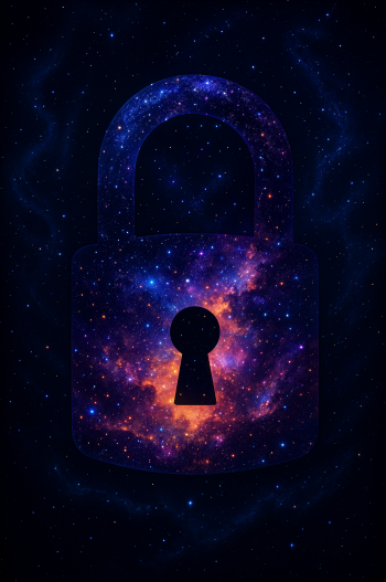 Phone wallpaper: translucent padlock silhouette filled with vivid purple-orange nebula and stars against a deep starfield, centered keyhole.