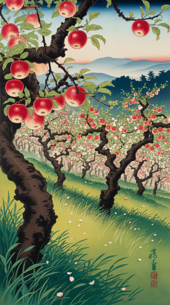 Phone wallpaper of a stylized apple orchard on a sunlit hillside: blossoming gnarled trees heavy with red apples, grassy foreground and distant misty mountains.