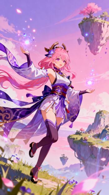 Genshin Impact phone wallpaper - pink‑haired shrine maiden in flowing robes summons glowing particles above floating islands beneath a pastel sunset sky.