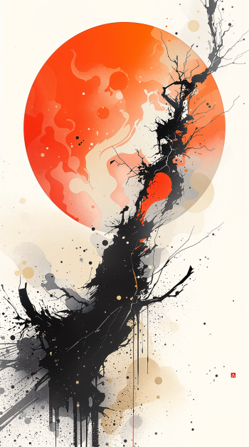 Phone wallpaper: vertical, stylized black ink tree spiraling upward with splatters and brushstrokes against a pale background, framed by a large glowing orange-red sun.