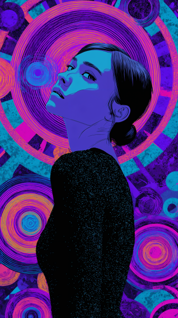 Aesthetic phone wallpaper of a stylized blue woman in profile, framed by vibrant neon concentric circles in pink, purple and turquoise.