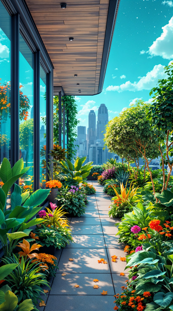 Phone wallpaper showing a sunlit rooftop garden walkway lined with colorful flowers and lush greenery beside glass doors, with a distant city skyline beneath a bright blue sky.