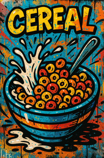 Vibrant pop-art phone wallpaper of a graffiti-style bowl of colorful ring cereal with milk splashing, a spoon, and bold yellow CEREAL lettering at the top.