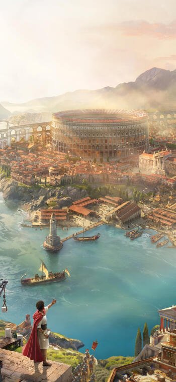 Phone wallpaper of the video game Anno 117: Pax Romana — panoramic Roman coastal city with a colosseum, bustling harbor, ships, and a cloaked figure surveying the bay.