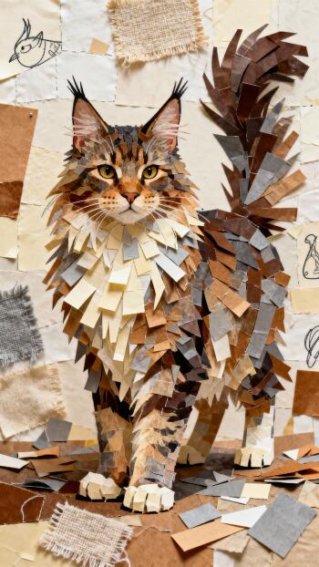 Collage-style Maine Coon with tufted ears and bushy tail made from torn paper and fabric swatches, shown as a phone wallpaper.