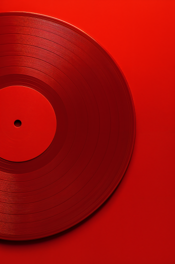 Minimal red vinyl record close-up on a matching red background, vertical phone wallpaper composition.