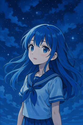 Anime phone wallpaper showing a blue-haired schoolgirl in a sailor uniform gazing at a starry night sky, her hair drifting in the breeze.