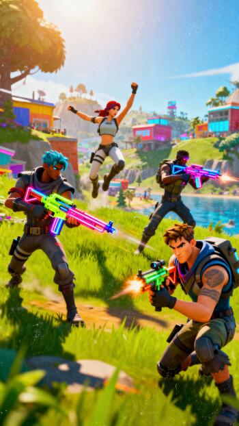 Fortnite phone wallpaper showing four characters in a colorful beachside skirmish with neon guns, one jumping midair, bright houses and water behind them.