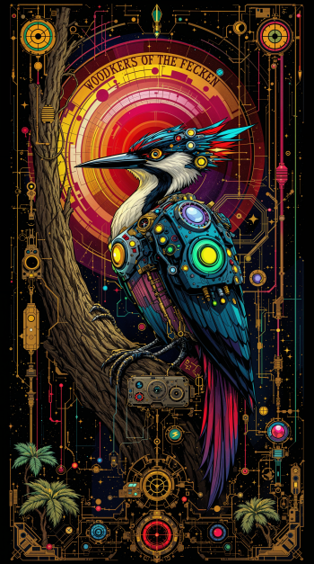 Phone wallpaper depicting a neon cyberpunk woodpecker with mechanical plating perched on a branch before a concentric sun and circuit-board frame.