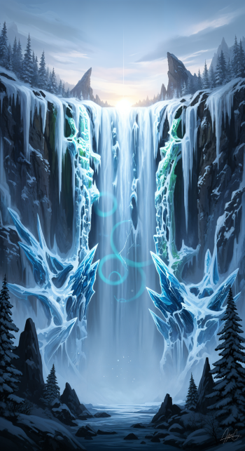 Phone wallpaper showing a vertical frozen waterfall between ice-clad cliffs, luminous aqua ice spires and snow-covered pines beneath a pale sunrise.