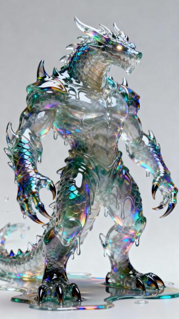 Phone wallpaper of an iridescent, glass-like humanoid dragon standing in a glossy puddle, with translucent scales, sharp claws and luminous highlights on a pale background.