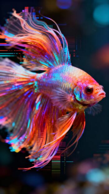 Vertical phone wallpaper of a vibrant tropical fish with flowing neon fins and subtle pixel-glitch accents against a dark, softly blurred bokeh background.