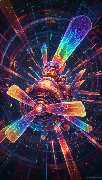 Phone wallpaper of Corki (League Of Legends) piloting a neon, rainbow-tech propeller plane through a swirling cybernetic vortex.