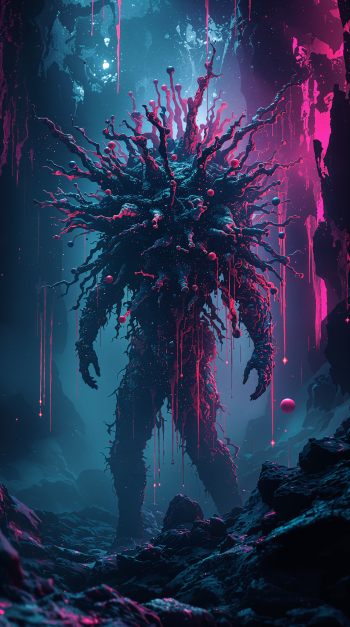 Phone wallpaper of a towering virus-like humanoid: spiky, bioluminescent tendrils dripping neon teal and magenta in a dark cavern.