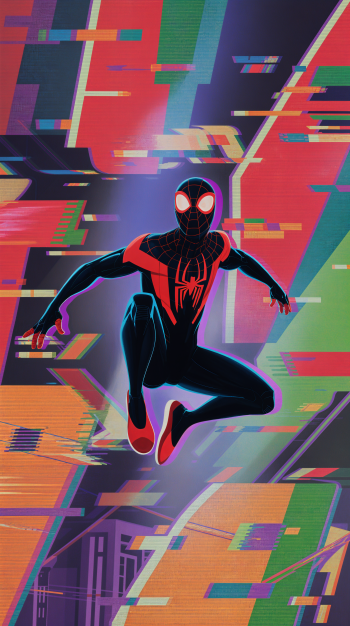 Phone wallpaper from Spider-Man: Into The Spider-Verse — Miles Morales in a black-and-red suit leaping through a neon, glitchy multicolored background.