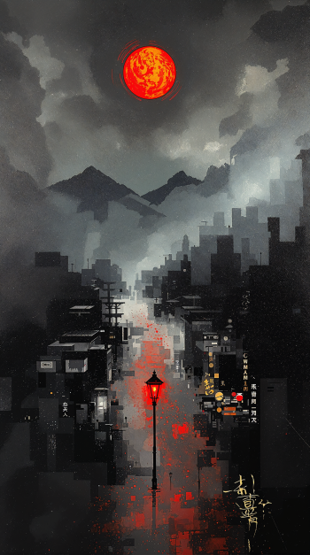 Hiroshima phone wallpaper showing a moody night street, blood-red moon over misty mountains, wet canal reflecting red light and a lone lamppost among shadowed buildings.
