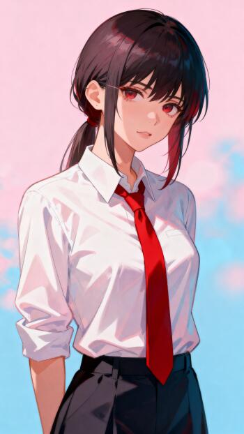 Phone wallpaper of Reze (Chainsaw Man): portrait of a dark‑haired girl in a white shirt and red tie, red eyes and low ponytail, standing against a soft pink-to-blue sky background.