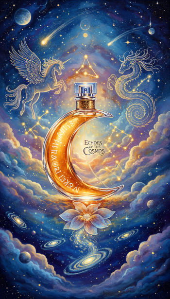 Phone wallpaper showing a perfume bottle shaped like a glowing crescent moon amid stars, galaxies and clouds, with a winged unicorn and a mystical dragon.