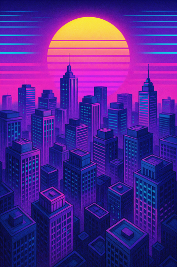Phone wallpaper showing a neon concrete jungle: purple and magenta skyscrapers receding toward a striped, glowing yellow sun on a retro synthwave skyline.