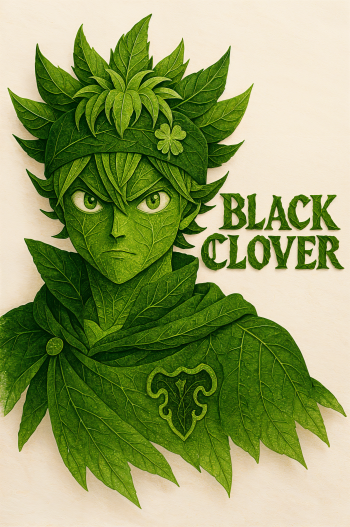 Phone wallpaper of a Black Clover portrait made of green leaves: intense green-eyed face with clover motifs and the BLACK CLOVER title.