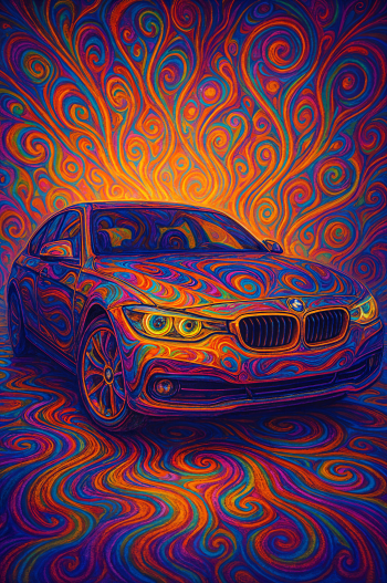 Psychedelic phone wallpaper of a BMW sedan covered in swirling neon patterns, with kaleidoscopic colors radiating behind and across the car.