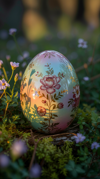 Vertical phone wallpaper showing a painted Easter egg with delicate floral motifs glowing in warm sunset light, nestled among tiny wildflowers and soft green moss.
