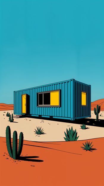 Vivid phone wallpaper of a blue container house in a sunlit desert with cacti, yellow windows and a vast turquoise sky.