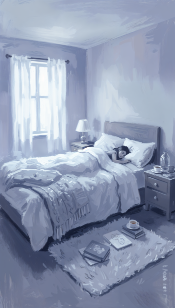 Sleepcore phone wallpaper: cool-toned painted bedroom with a person asleep under rumpled blankets, soft window light, bedside lamp and nightstand, books scattered on a fluffy rug.