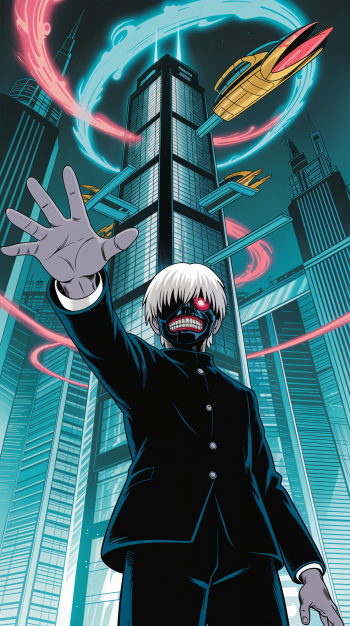 Phone wallpaper of Kaneki (Tokyo Ghoul) reaching forward with a masked red eye and grin, neon skyscrapers behind him and swirling red and blue kagune energy.