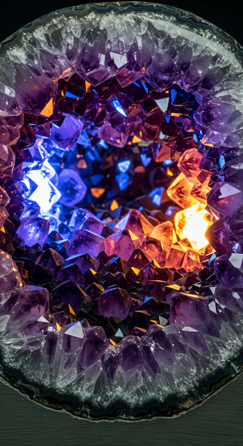 Phone wallpaper of a glowing amethyst geode with deep purple crystals and vivid blue and amber highlights forming a luminous faceted cavity.