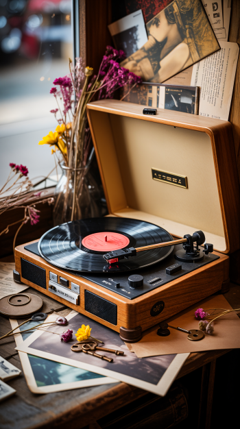 Phone wallpaper: cozy vintage turntable playing a vinyl by a window, surrounded by dried flowers, scattered photos and old keys.