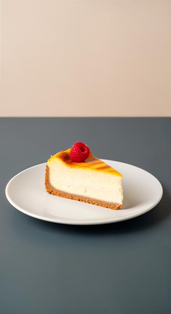 Phone wallpaper showing a single slice of cheesecake with graham crust and a raspberry on top, centered on a white plate against a soft peach and slate-gray background.