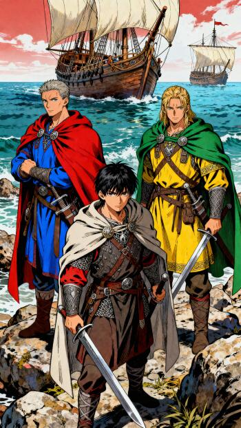 Phone wallpaper: three armored swordsmen in colored cloaks stand on a rocky shore, swords ready, with wooden sailing ships on a blue sea beneath a warm, red-tinged sky.