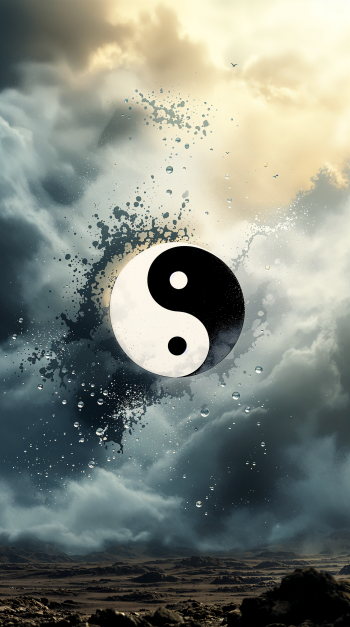 Phone wallpaper with a bold Yin Yang symbol hovering amid stormy clouds, ink-like splatters and raindrops above a rugged, shadowed landscape.