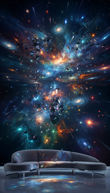 Curved gray couch beneath a vertical phone wallpaper of a vivid cosmic nebula, with swirling galaxies, colorful stardust and floating crystalline shards.