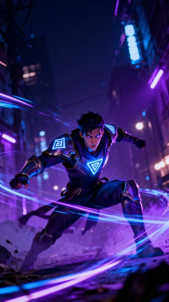 Phone wallpaper: a neon cyberpunk hero in glowing blue armor crouches in a rain-slick alley as swirling purple energy rings surround him.