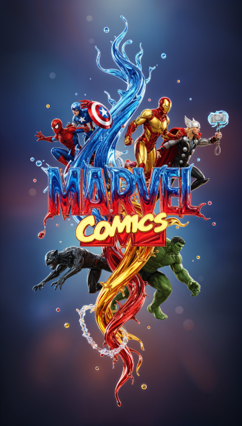 Vertical phone wallpaper showing the Marvel Comics logo with Spider-Man, Captain America, Iron Man, Thor, Hulk and Black Panther emerging from swirling red, blue and gold energy.