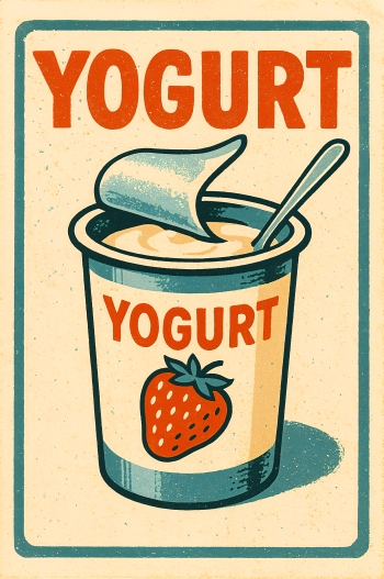 Retro-style phone wallpaper of a strawberry yogurt cup with an open foil lid, spoon, and bold YOGURT lettering.