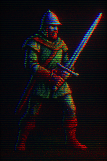 Phone wallpaper of a Swordsman in medieval armor and helmet, gripping a glowing long sword with red/blue glitch chromatic effect on a black background.