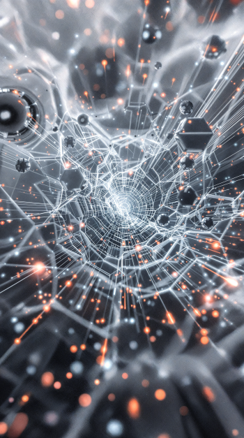 Phone wallpaper showing an abstract futuristic tunnel of white wireframe strands, floating hexagons and spheres, and warm orange sparks converging on a bright center.