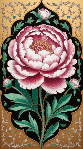 Phone wallpaper featuring a detailed pink peony bloom with green leaves and buds on a black field, set within a decorative gold filigree frame.