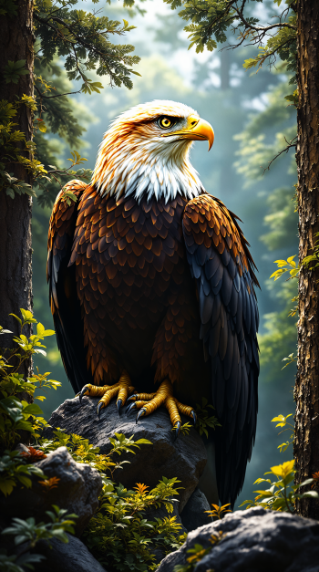 Phone wallpaper of a golden eagle perched on a mossy rock in a misty forest, detailed plumage and a piercing yellow eye.