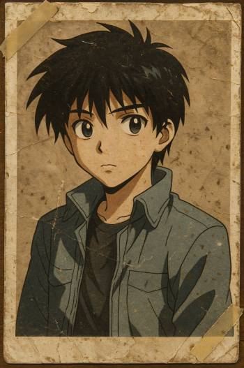 Phone wallpaper of an anime boy — a dark-haired teen in a jacket with a calm expression, framed as a distressed vintage portrait with taped corners.