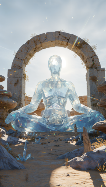 Phone wallpaper of a towering crystalline figure meditating in sunlit desert ruins beneath a crumbling arch — the forgotten god.