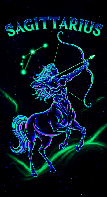 Phone wallpaper of a neon blue-green Sagittarius centaur archer pulling a bow under the Sagittarius constellation, labeled Sagittarius (astrology).